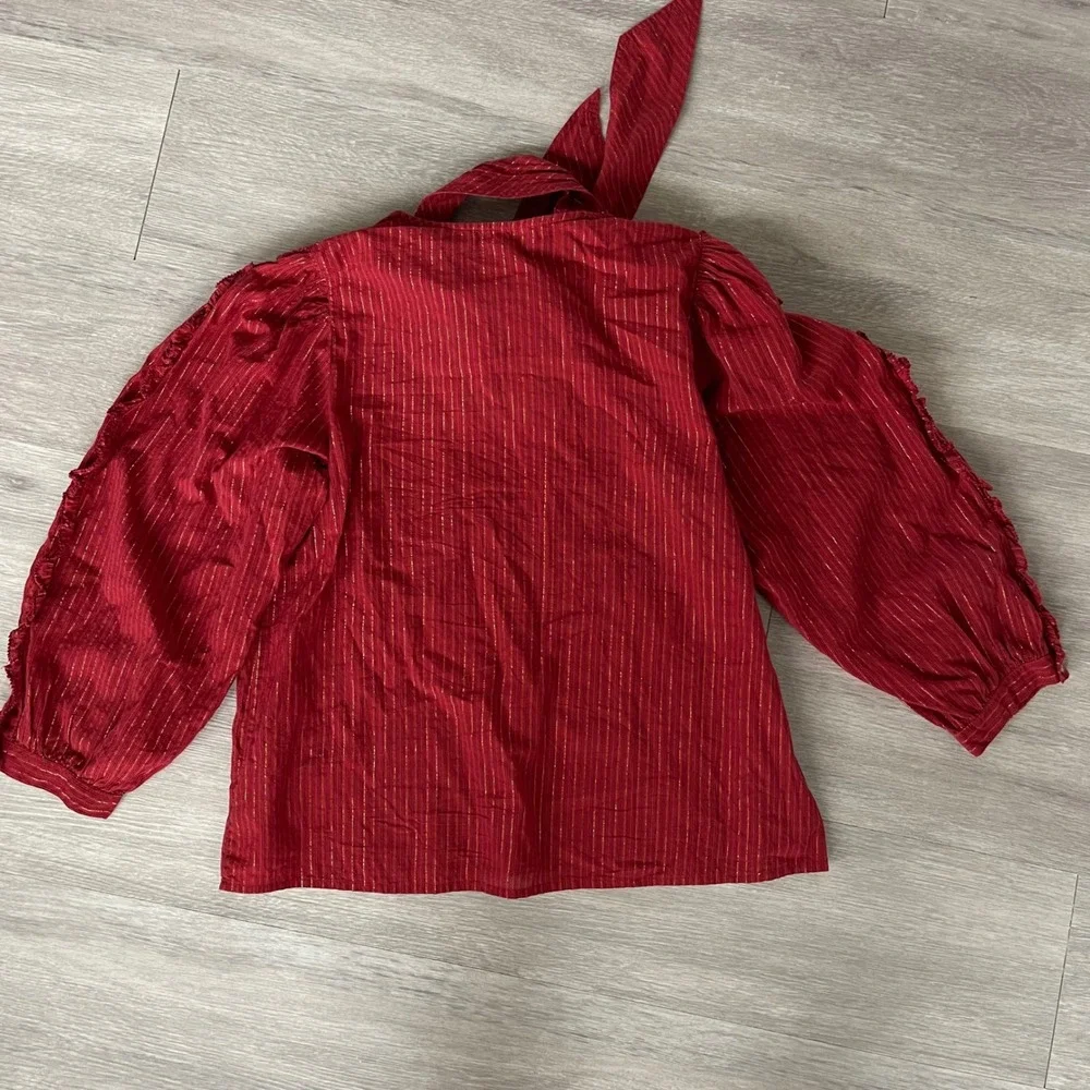 Ulla Johnson Julie Blouse Size 6 Red Gold Tie Neck Puff Sleeve‎ Metallic Stripe
